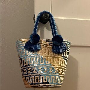 Blue and Tan Woven Tote Bag